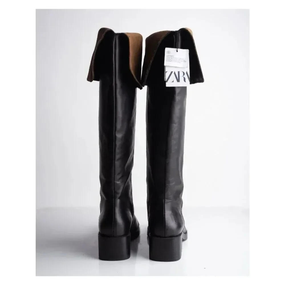 Zara Womens Leather Knee High Boots Black Contrast suede US 9 EU 40 NWD 2053/410
